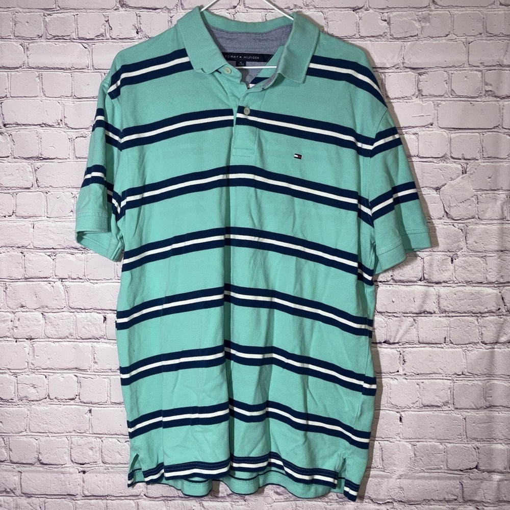 Tommy Hilfiger Polo Shirt XL Green Blue Striped Preppy Golf Knit Summer Casual